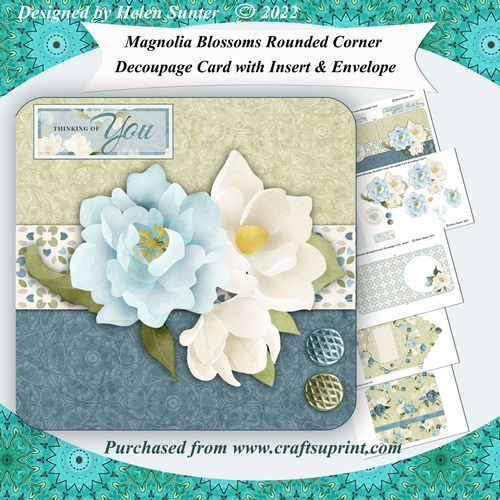 Magnolia Blossoms Rounded Corner Decoupage Card with Insert & Envelope