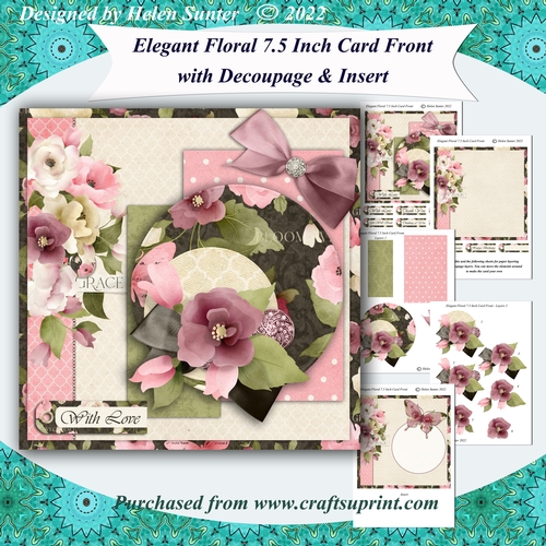 Elegant Floral 7.5 Inch Card Front with Decoupage and Insert and extra sentiments