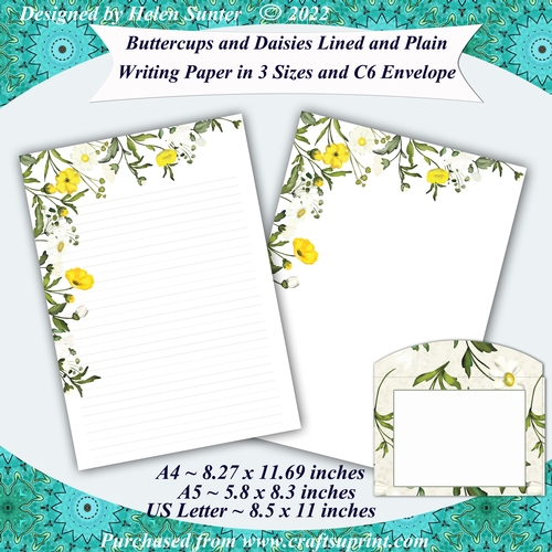Buttercups and Daisies Stationery Set 1, Lined & Unlined Writing Paper, A4 A5 US Letter Size, Note Paper