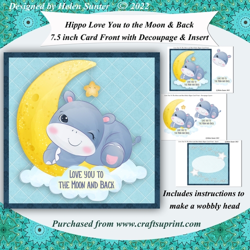 Love You to the Moon and Back Wobbly Head Hippo 7.5 Inch Card Front & Insert 