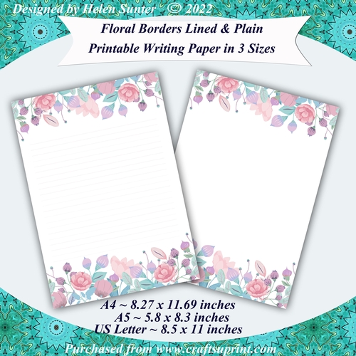 Flower Borders Lined and Plain Writing Paper in A4, A5 and US Sizes Stationery Set