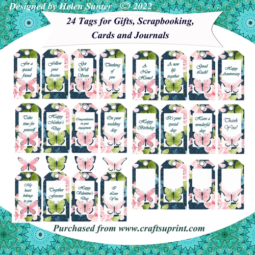 24 Floral Tags with Butterflies with Various Sentiments