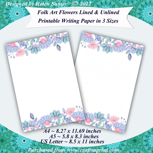 Folk Art Flowers Lined and Plain Writing Paper in A4, A5 and US Sizes Stationery Set