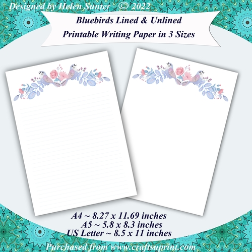 Bluebirds Lined and Plain Writing Paper in A4, A5 and US Sizes Stationery Set