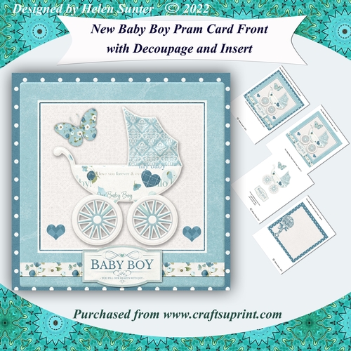 New Baby Boy Pram 3D Decoupage Card Front and Insert