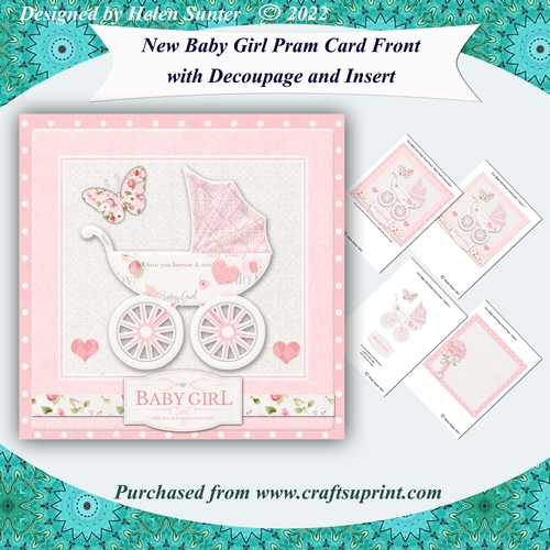 New Baby Girl Pram 3D Decoupage Card Front and Insert