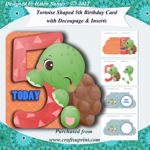 Tortoise Shaped 5th Birthday Card with Decoupage & Inserts