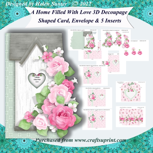A Home Filled With Love Shaped New Home Card with Decoupage, 5 Inserts & Envelope