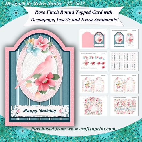 Rose Finch Round Topped Decoupage Card with Envelope, Inserts and 22 Sentiments