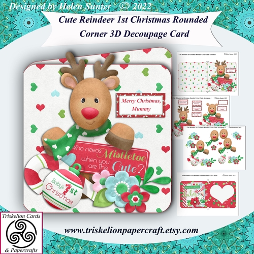 Cute Reindeer Babys 1st Christmas Rounded Corner 3D Decoupage Card