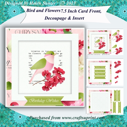 Bird and Flowers 7.5 Inch 3D Decoupage Card Front and Insert