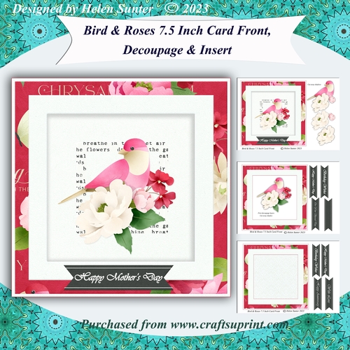 Bird and Roses 7.5 Inch 3D Decoupage Card Front & Insert