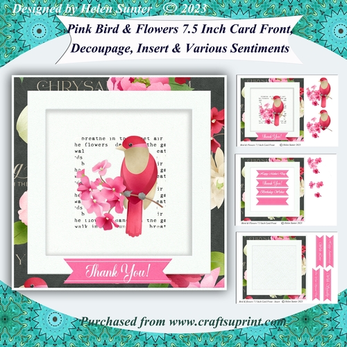 Pink Bird and Flowers 7.5 Inch 3D Decoupage Card Front & Insert