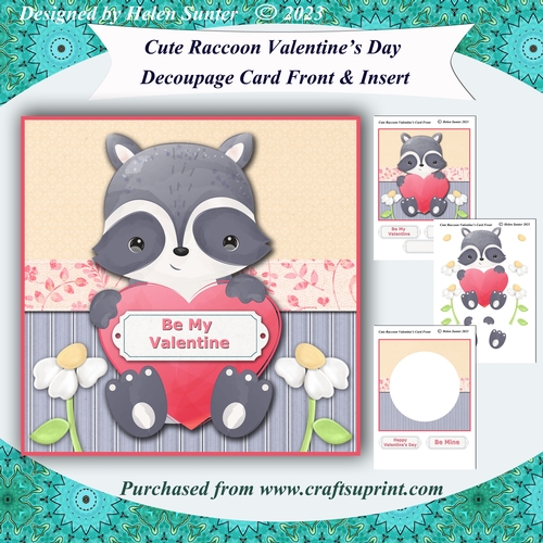 Cute Raccoon Valentines Day Decoupage Card Front & Insert