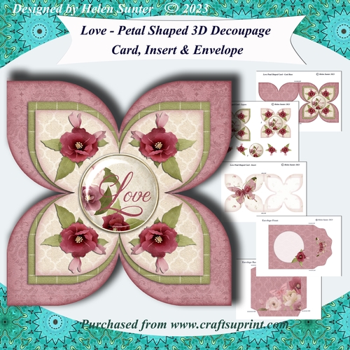 Love -  Petal Shaped 3D Decoupage Quad Card and Envelope