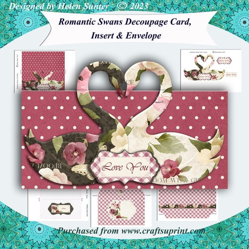 Romantic Swans 3D Decoupage Valentine Card with Insert and Envelope