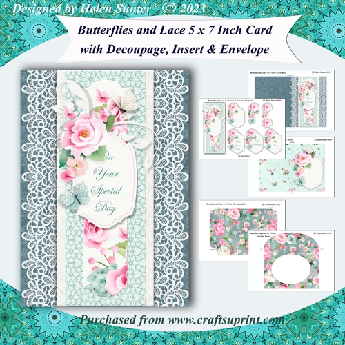Butterflies and Lace 5 x 7 Inch Decoupage Card with Insert and Envelope