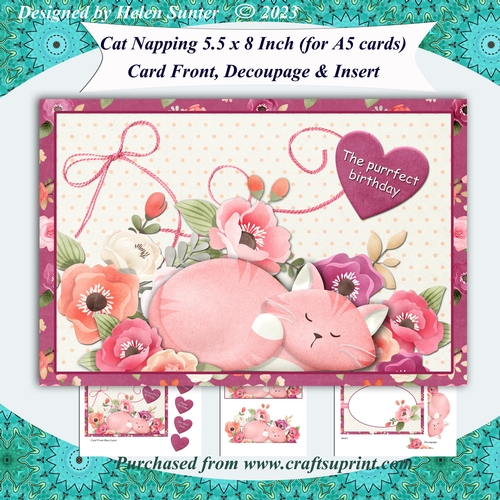 Cat Napping 5.5 x 8 Inch Card Front with Decouage and Insert