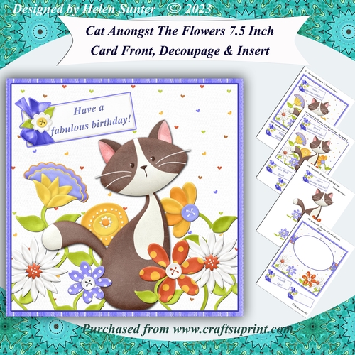 Cat Amongst the Flowers 7.5 Inch Card Front with Decoupage and Insert