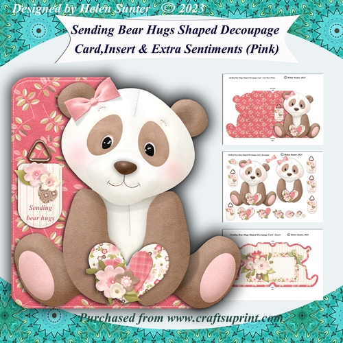 Sending Bear Hugs Shaped Decoupage Card with Insert and Extra Sentiments (pink)