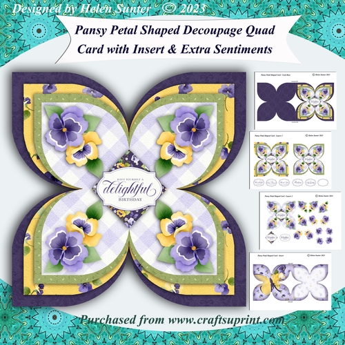 Pansy Petal Shaped Decoupage Quad Card with Insert and Extra Sentiments