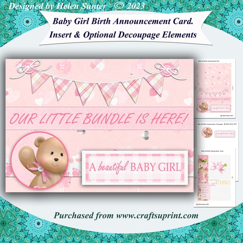 Baby Girl Birth Announcement Card and Insert