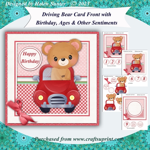 Driving Bear Card Front with Sentiments for Birthday, Ages, & More