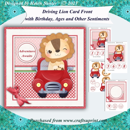 Driving Lion Card Front with Sentiments for Birthday, Ages, & More