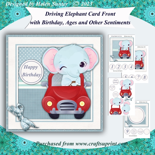 Driving Elephant Card Front with Sentiments for Birthday, Ages, & More