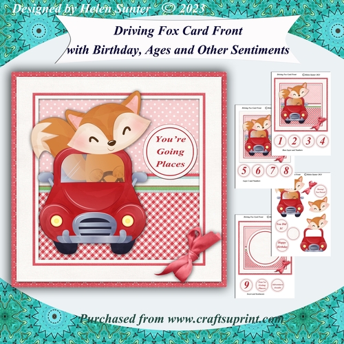 Driving Fox Card Front with Sentiments for Birthday, Ages, & More