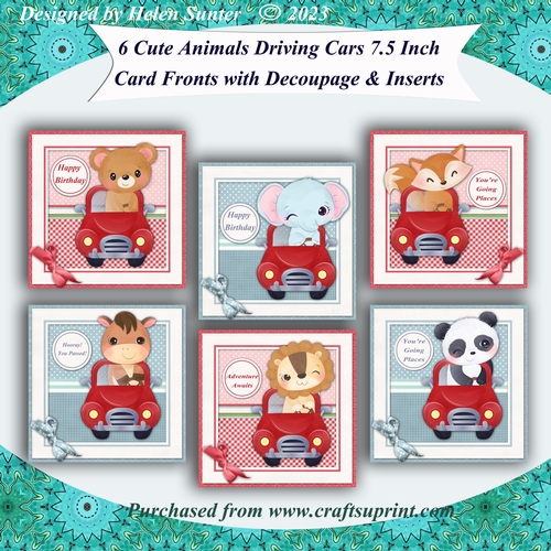6 Cute Animals Driving Cars Card Fronts with Decoupage and Inserts