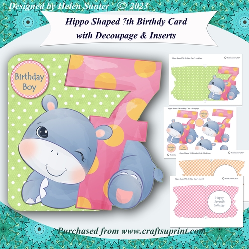 Hippo Shaped 7th Birthday Card with Decoupage and Inserts
