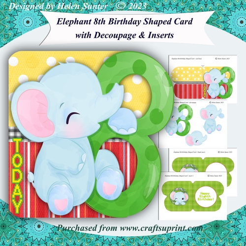 Elephant 8th Birthday Shaped Card with Decoupage and Inserts
