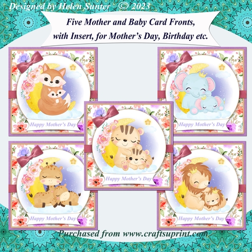 5 Mother and Baby Animals Mothers Day and Birthday Card Fronts and Insert