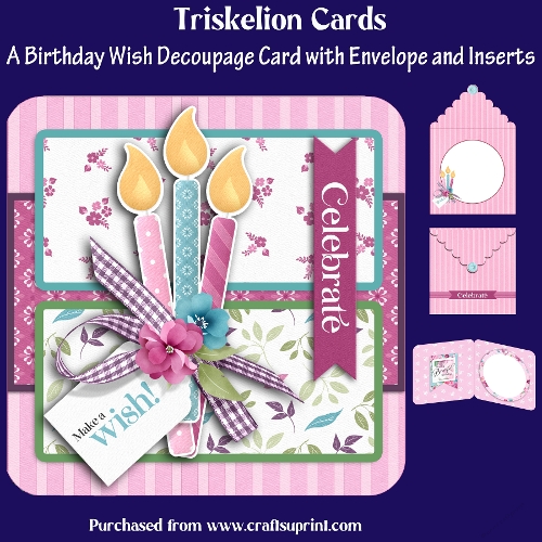 A Birthday Wish Rounded Corner Decoupage Card with Inserts and Envelope in Pink