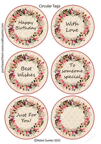 Six 3.5 Inch Circular Floral Gift Tags with Various Sentiments