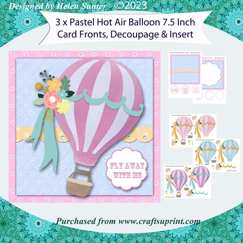 Pastel Hot Air Balloons 7.5 Inch Card Fronts with 3 Decoupage sheets and Insert