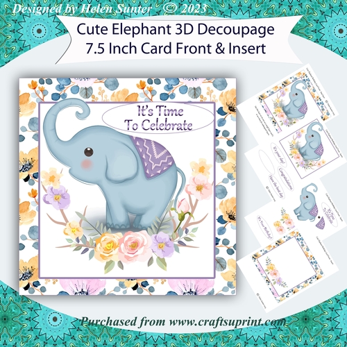 Cute Elephant 3D Decoupage 7.5 Inch Birthday Card Front and Insert