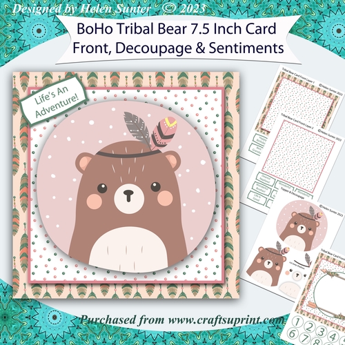 Boho Tribal Bear 7.5 Inch 3D Decoupage Card Front with Insert and Sentiments