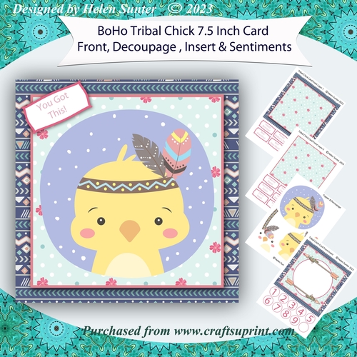Boho Tribal Chick 7.5 Inch 3D Decoupage Card Front with Insert and Sentiments