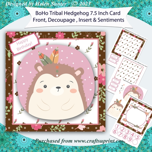 Boho Tribal Hedgehog 7.5 Inch 3D Decoupage Card Front with Insert and Sentiments