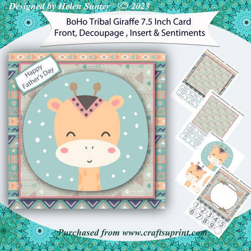 Boho Tribal Giraffe 7.5 Inch 3D Decoupage Card Front with Insert and Sentiments