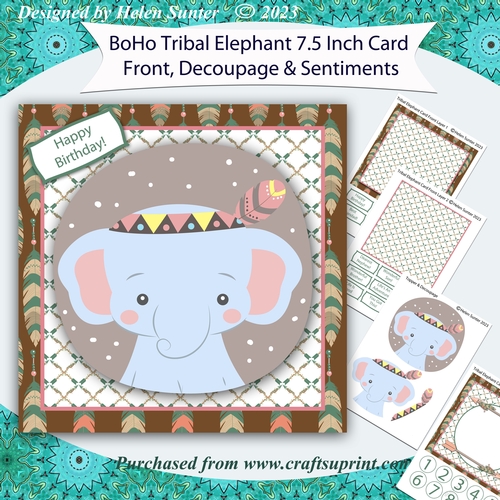 Boho Tribal Elephant 7.5 Inch 3D Decoupage Card Front with Insert and Sentiments