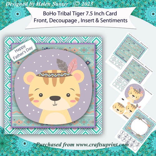 Boho Tribal Tiger 7.5 Inch 3D Decoupage Card Front with Insert and Sentiments