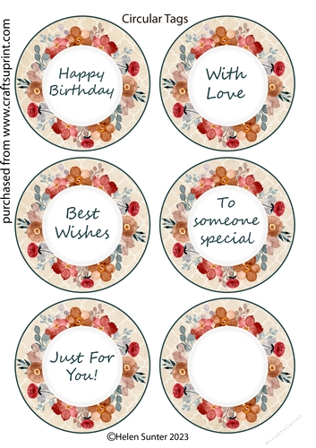 Six 3.5 Inch Circular Floral Wreath Gift Tags with Various Sentiments