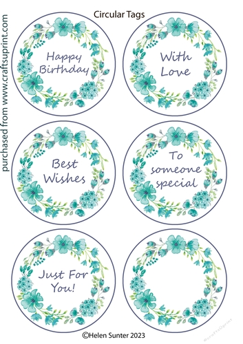 Six 3.5 Inch Circular Floral Gift Tags with Various Sentiments