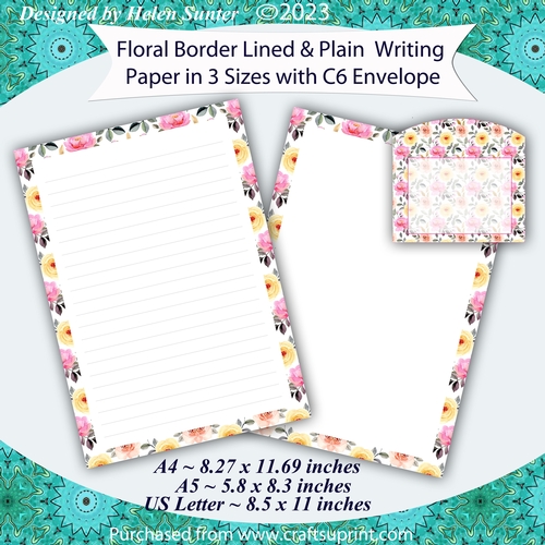 Floral Border Stationery, Lined & Plain Writing Paper, A4 A5 US Letter Size, Note Paper & Envelope