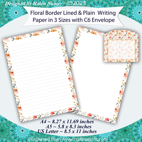 Floral Border Stationery, Lined & Plain Writing Paper, A4 A5 US Letter Size, Note Paper & Envelope