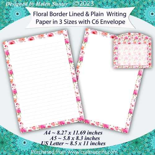Floral Border Stationery, Lined & Plain Writing Paper, A4 A5 US Letter Size, Note Paper & Envelope