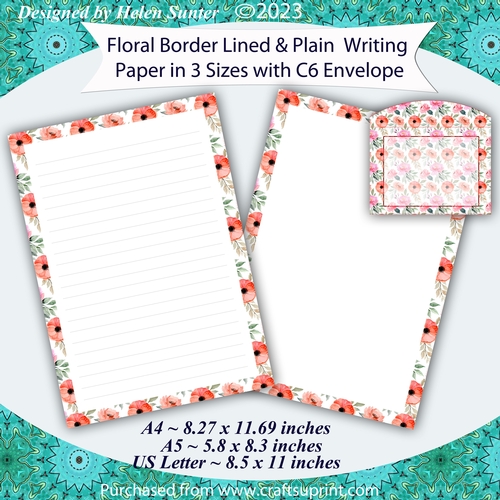 Floral Border Stationery, Lined & Plain Writing Paper, A4 A5 US Letter Size, Note Paper & Envelope